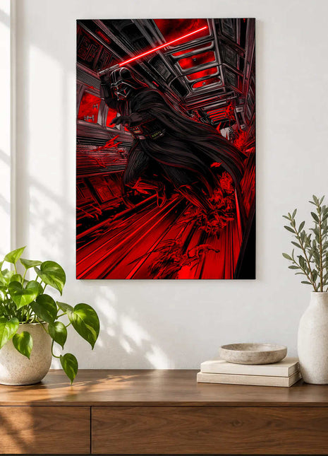 Darth Vader Corridor of Crimson acrylic wall art displayed above a wooden console with plants and books against a white wall.