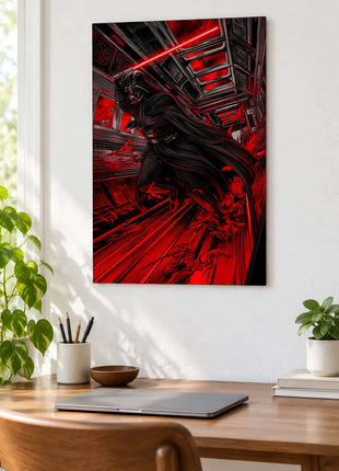 Darth Vader Corridor of Crimson acrylic wall art displayed above a wooden desk with a laptop, plants and books against a white wall.