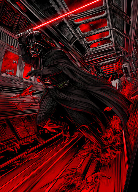 Darth Vader Corridor of Crimson original artwork: shows Darth Vader advancing through a sharply angled corridor with a red lightsaber raised overhead.