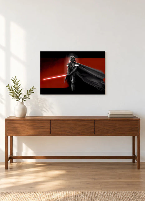Darth Vader Crimson Standard acrylic wall art displayed above a wooden console with a leafy vase and stacked books against a white wall.