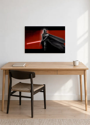 Darth Vader Crimson Standard acrylic wall art displayed above a wooden desk with a notebook, pencil and white mug against a white wall.