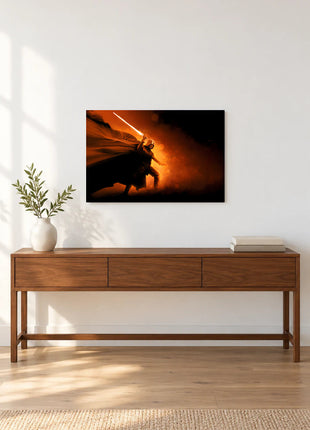 Darth Vader Firelit Advance acrylic wall art displayed above a wooden console with a leafy vase and stacked books against a white wall.