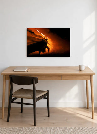 Darth Vader Firelit Advance acrylic wall art displayed above a wooden desk with a notebook, pencil and white mug against a white wall.