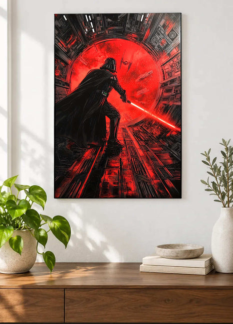 Darth Vader Into the Red acrylic wall art displayed above a wooden console with plants and books against a white wall.