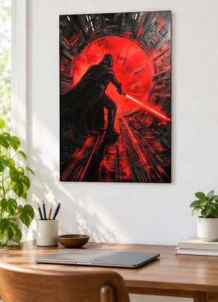 Darth Vader Into the Red acrylic wall art displayed above a wooden desk with a laptop, plants and books against a white wall.