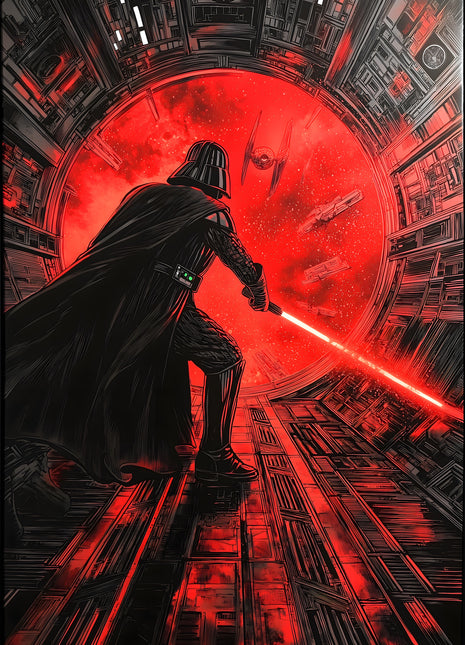 Darth Vader Into the Red original artwork: shows Darth Vader from behind, moving toward a brilliant red opening at the end of a dark passage.