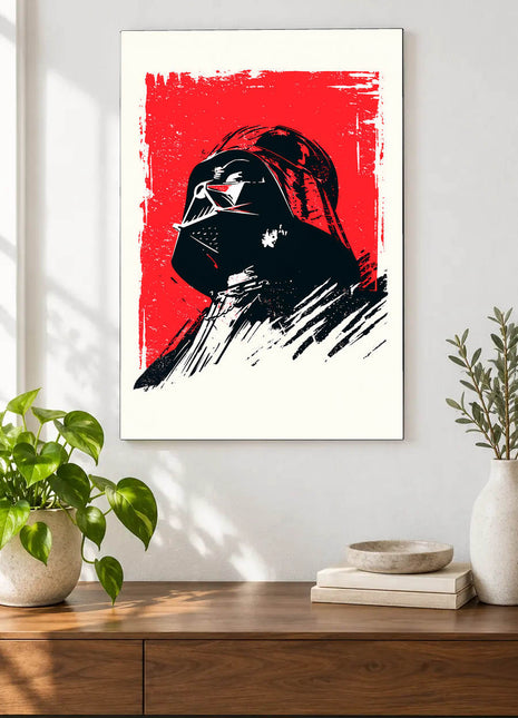 Darth Vader Red Brush Command acrylic wall art displayed above a wooden console with plants and books against a white wall.