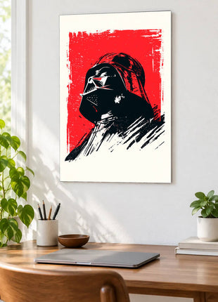 Darth Vader Red Brush Command acrylic wall art displayed above a wooden desk with a laptop, plants and books against a white wall.