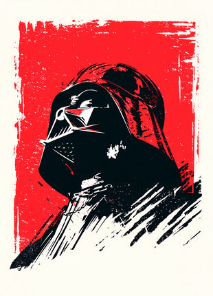 Darth Vader Red Brush Command original artwork: presents a black helmet and shoulders cut into a rough red rectangular field.