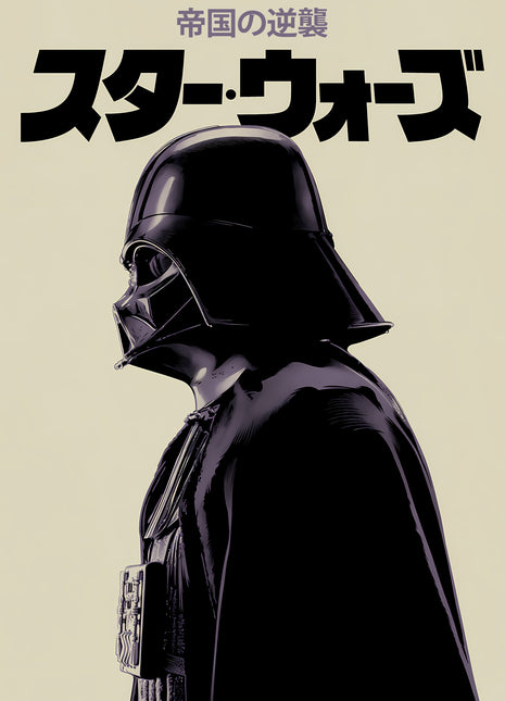 Darth Vader Shadow in Translation original artwork: shows Darth Vader in side profile beneath large Japanese Star Wars lettering.