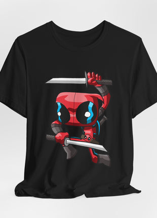 Draped front view of a black graphic T-shirt showing chibi Deadpool holding two swords.