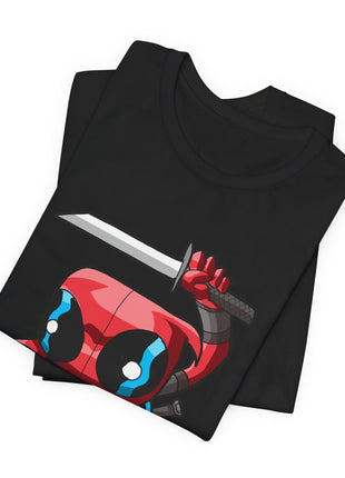 Folded black Deadpool graphic T-shirt showing a closer view of the chibi twin swords design.