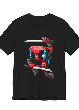 Front of a black graphic T-shirt showing chibi Deadpool holding two swords.