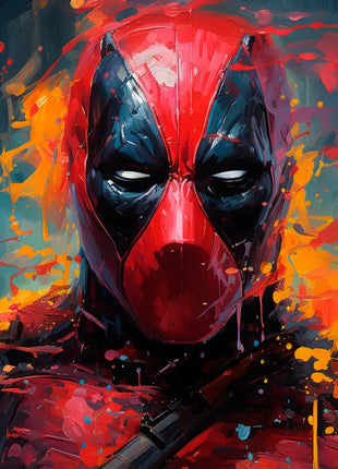 Deadpool Paintstorm Stare original artwork showing a red mask with white eyes amid orange and teal brush marks.