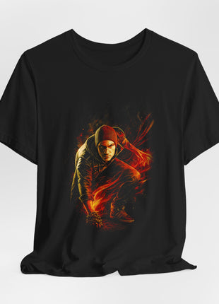 Draped front view of the black Delsin Rowe Graphic T-Shirt — inFAMOUS Second Son Smoke Power.