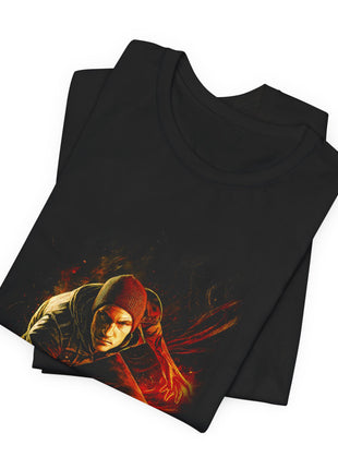 Folded view of the black Delsin Rowe Graphic T-Shirt — inFAMOUS Second Son Smoke Power.