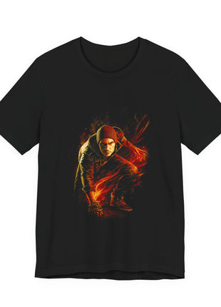 Front view of the black Delsin Rowe Graphic T-Shirt — inFAMOUS Second Son Smoke Power.