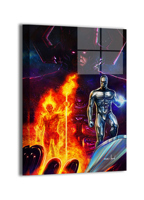Devourer’s Heralds Ascend Metal — Galactus with heralds (Silver Surfer, Fire lord), Marvel fan art by Ryan Pasibe, colors by Marvin Tabacon; modern sheen, ready to hang.