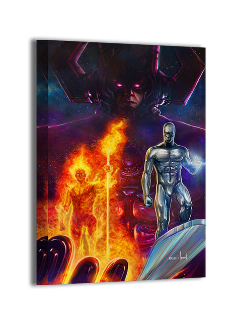 Devourer’s Heralds Ascend Canvas — Galactus looming; Silver Surfer and Fire lord blazing, Marvel fan art by Ryan Pasibe, colors by Marvin Tabacon; gallery-wrapped, ready to hang.