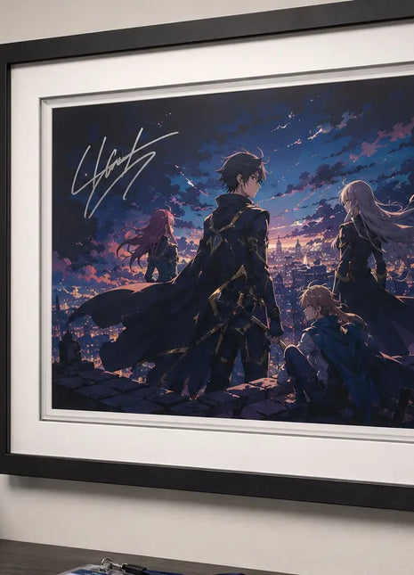 Signed anime-style artwork displayed with a mat and protective glazing