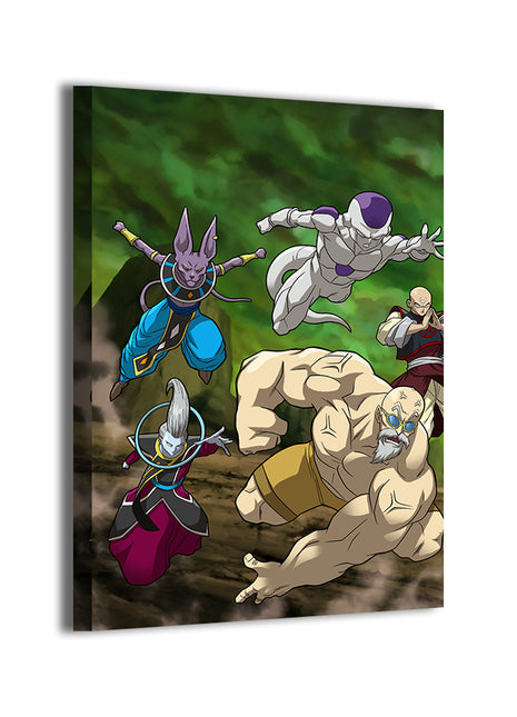 Dragon Ball Super group scene by Ryan Pasibe and Sam Dela Torre; gallery-wrapped, ready to hang.