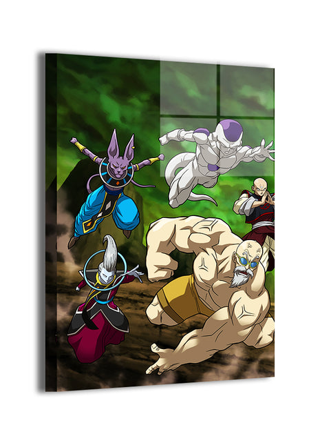 Beerus, Whis, Frieza, Roshi, Krillin DBS artwork; metallic sheen, ready to hang.