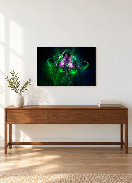 Doctor Doom Emerald Dominion acrylic wall art displayed above a wooden console with a leafy vase and stacked books against a white wall.