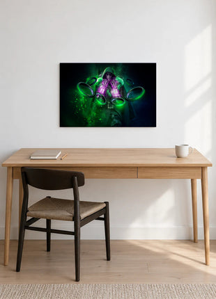 Doctor Doom Emerald Dominion acrylic wall art displayed above a wooden desk with a notebook, pencil and white mug against a white wall.