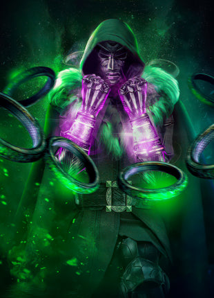 Doctor Doom Emerald Dominion original artwork: centers a hooded Doctor Doom with metallic hands raised near his mask.