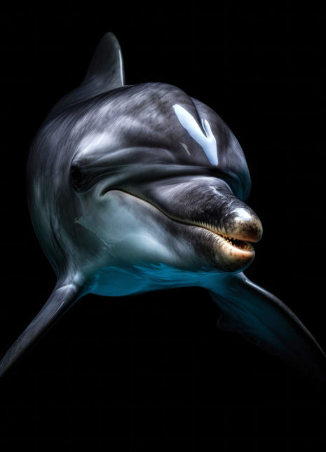 Dolphin facing the viewer in three-quarter view with silver and blue-green highlights against black.