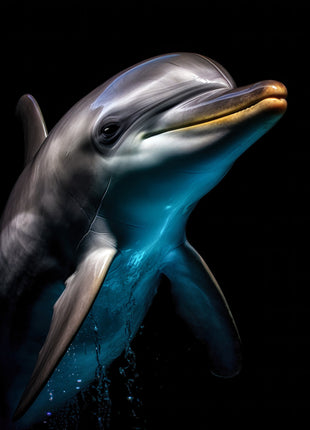 Dolphin angled upward with a silver-gray body, turquoise underside and extended flipper against black.