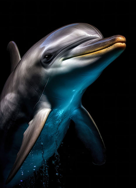 Dolphin angled upward with a silver-gray body, turquoise underside and extended flipper against black.