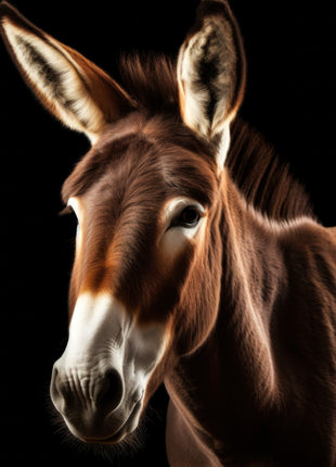 Brown donkey with amber-lit ears and forehead, a white muzzle and black background.