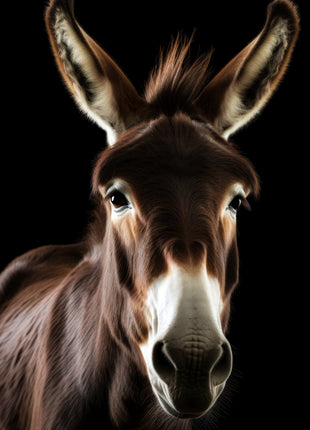Brown donkey with upright ears, shaggy fur and a white muzzle against black.