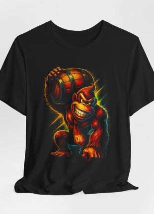 Gathered front of a black T-shirt showing Donkey Kong’s red DK tie, crouched pose and raised barrel.