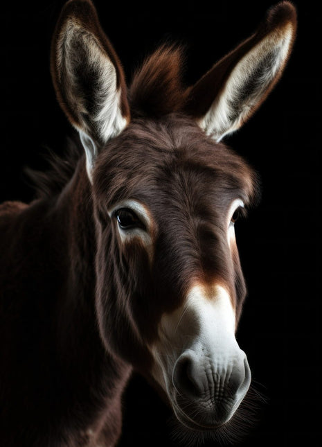 Brown donkey with a tousled forelock, upright ears and a pale muzzle against black.