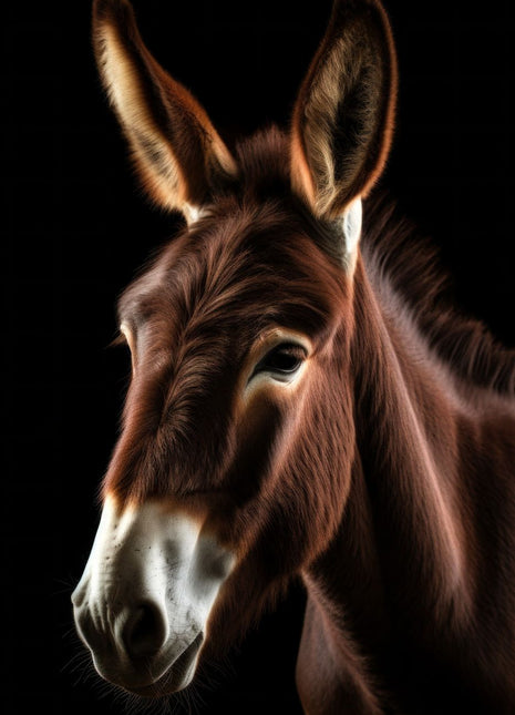 Brown donkey in three-quarter view with tall ears and a pale turned muzzle against black.