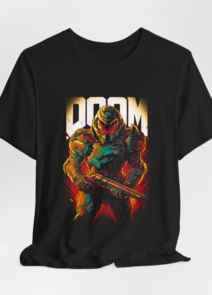Draped front view of the black Doom Slayer Neon Armor Graphic T-Shirt.