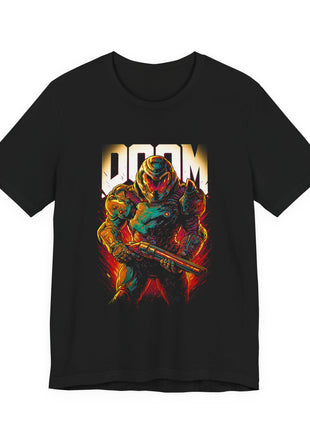 Front view of the black Doom Slayer Neon Armor Graphic T-Shirt.