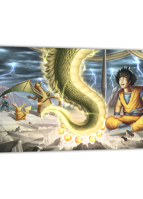 Goku facing Ash, Pikachu, Charizard, and Shenron on a shattered arena by Oliver Morit; gallery-wrapped, ready to hang.