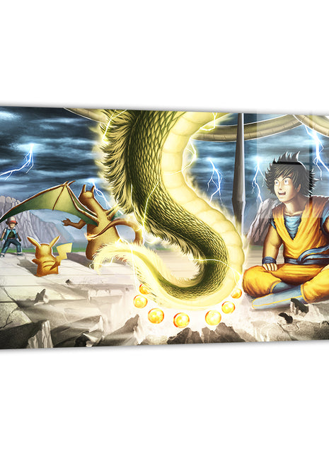 Dragon Ball and Pokémon crossover with Goku, Ash, Pikachu, Charizard, and Shenron by Oliver Morit; modern metallic sheen, ready to hang.