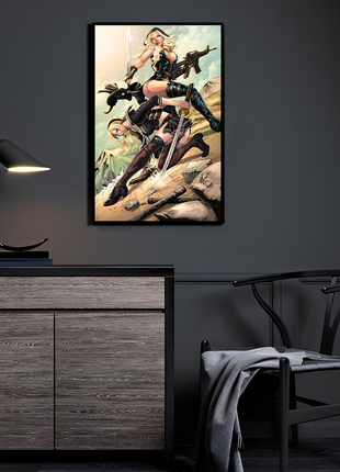 sucker punch fan art displayed in a modern collector’s room above a couch.