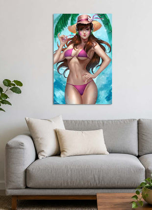 D.Va from Overwatch wearing a pink swimsuit, straw hat and headphones beside tropical water on metal wall art above a light gray sofa in a living room with white walls.