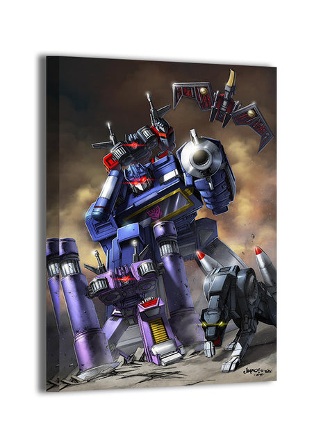 G1 Soundwave and Decepticons charging forward in robot battle pose, 12x18 canvas

