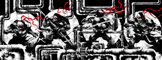 Canvas print of gritty TMNT team in sewer scene with red bandanas