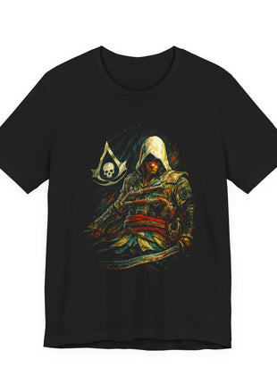 Black T-shirt front showing white-hooded Edward Kenway with chest pistols, a curved cutlass and a skull-bearing crest.