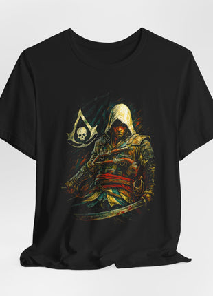 Gathered black T-shirt front featuring Edward Kenway’s crimson sash, layered coat and sweeping silver cutlass.