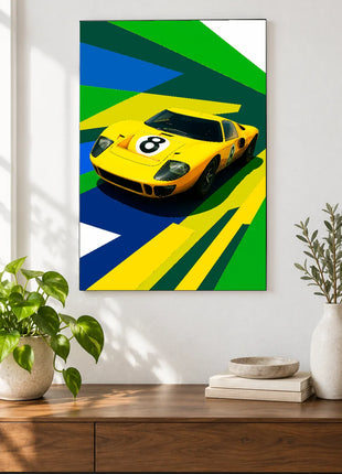 Yellow number 8 racing car artwork displayed above a walnut console against a white wall