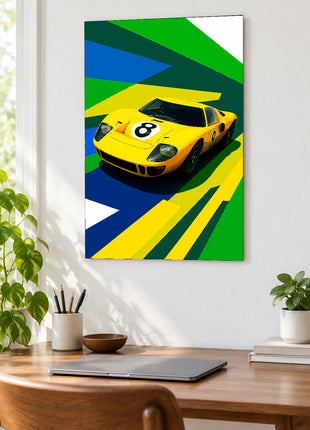 Yellow number 8 racing car artwork displayed above a wooden desk against a white wall