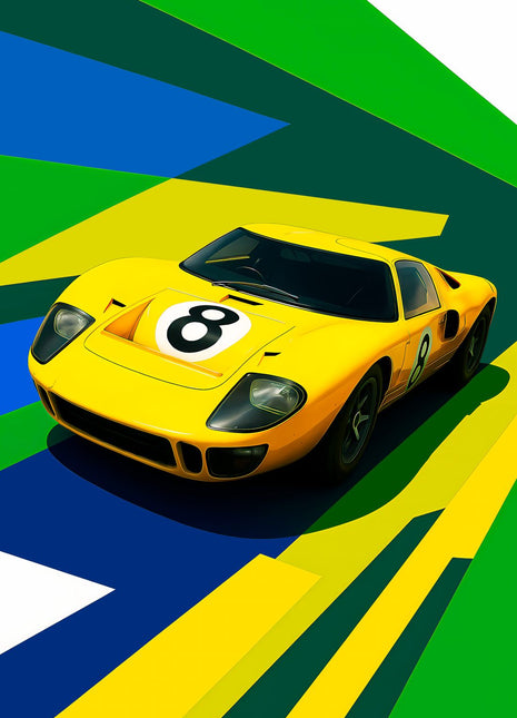 Yellow number 8 endurance race car against angular green, blue, yellow and white rays